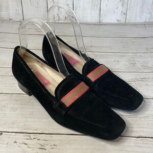 Lily Pulitzer Vintage Black Suede Loafers with Pink and Green Ribbon